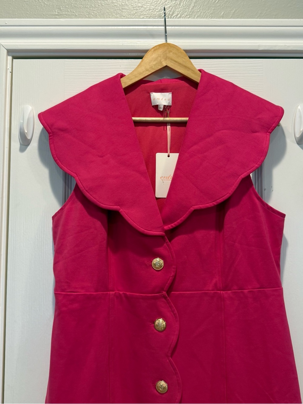 Entro Scalloped Button down Mini Dress Pink Gold Buttons Colorful Preppy L NWT - Picture 4 of 12